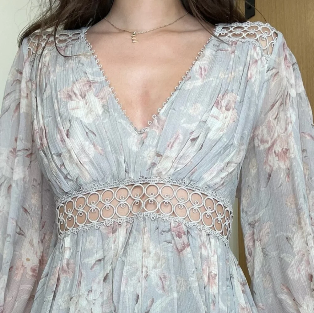 Zimmermann Iris Floral Eyelet Pink Grey Dusty Pastel Silk Lace Trim Blouse Sz 3 - Picture 4 of 13